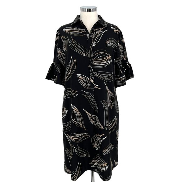 Chicos Leaf Print Shirt Dress Black Beige Size 8 US - Picture 1 of 12
